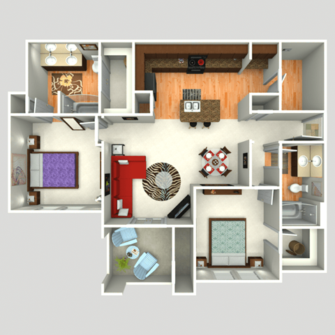 3D Floorplan of 2 Bedroom at Twin Creeks at Alamo Ranch Apartments, Texas